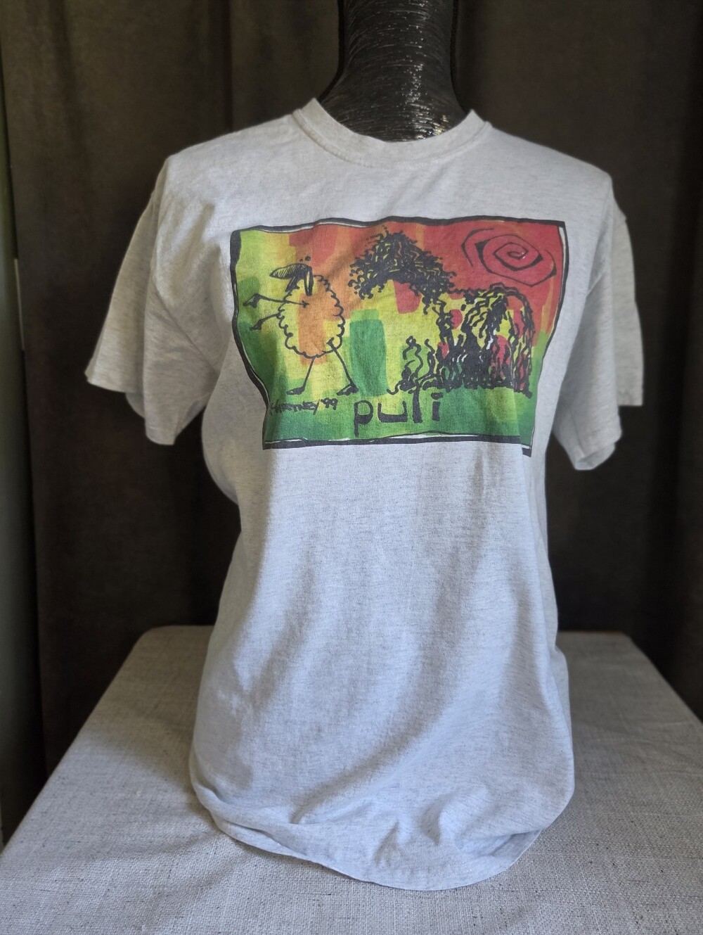 Womens Puli Graphic Tee - Light Gray with Multicolor Print